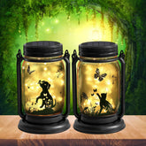 2 Pack Outdoor Hanging Solar Lantern, Cat & Dog Butterfly Theme Vintage Glass Mason Jar Solar Fairy Light